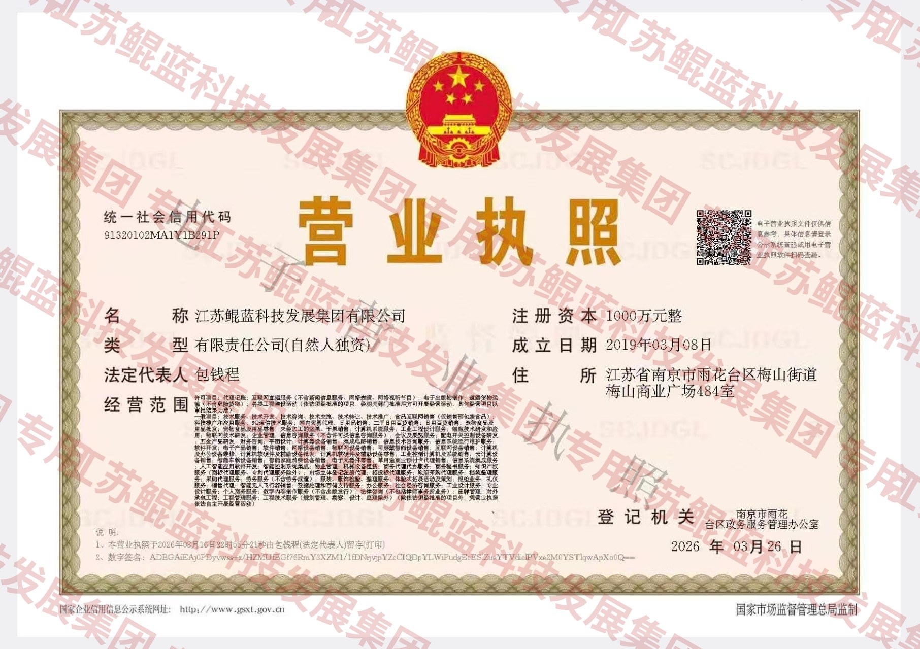 江苏鲲蓝科技发展集团有限公司营业执照